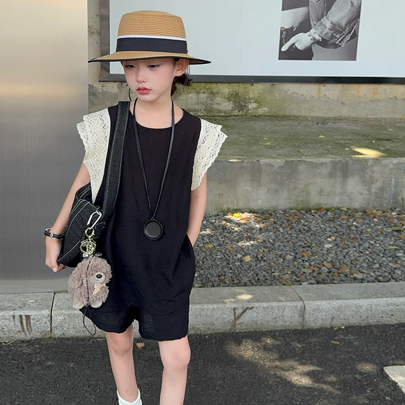 木木兔休闲运动套装 时髦洋气女童衣服夏装短袖大童潮牌小学生蕾丝拼接女孩 女款