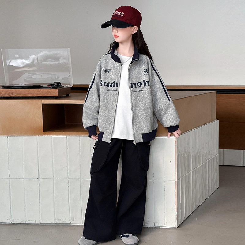 木木兔儿童上装 潮牌时髦洋气甜美中大童冬季童装外套女孩衣服上衣长袖小学生女生连帽卫衣夹克三条杠