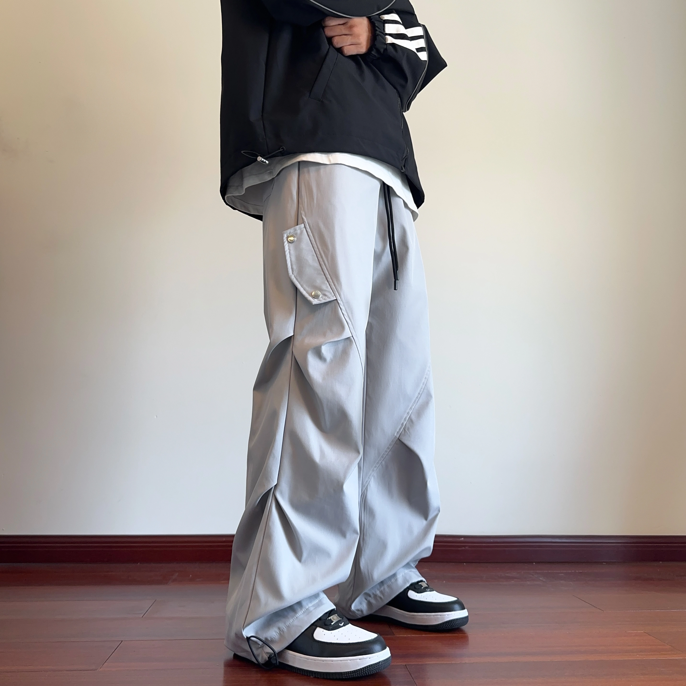 马员外 美式高街宽松舒适百搭日常通勤纯色直筒垂感褶皱工装拼接无性别主义休闲裤 男女同款