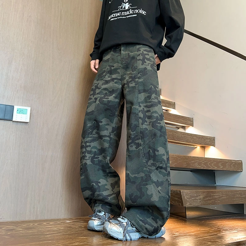 马员外 美式复古潮流迷彩山系户外拼接日常通勤百搭高街宽松系带直筒垂感中腰长裤休闲裤 男女同款