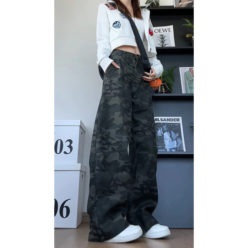 马员外 美式复古潮流迷彩山系户外拼接日常通勤百搭高街宽松系带直筒垂感中腰长裤休闲裤 男女同款