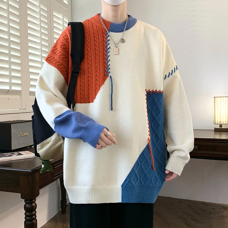 马员外 美式高街复古休闲百搭舒适宽松日常拼接撞色圆领长袖针织衫 男女同款