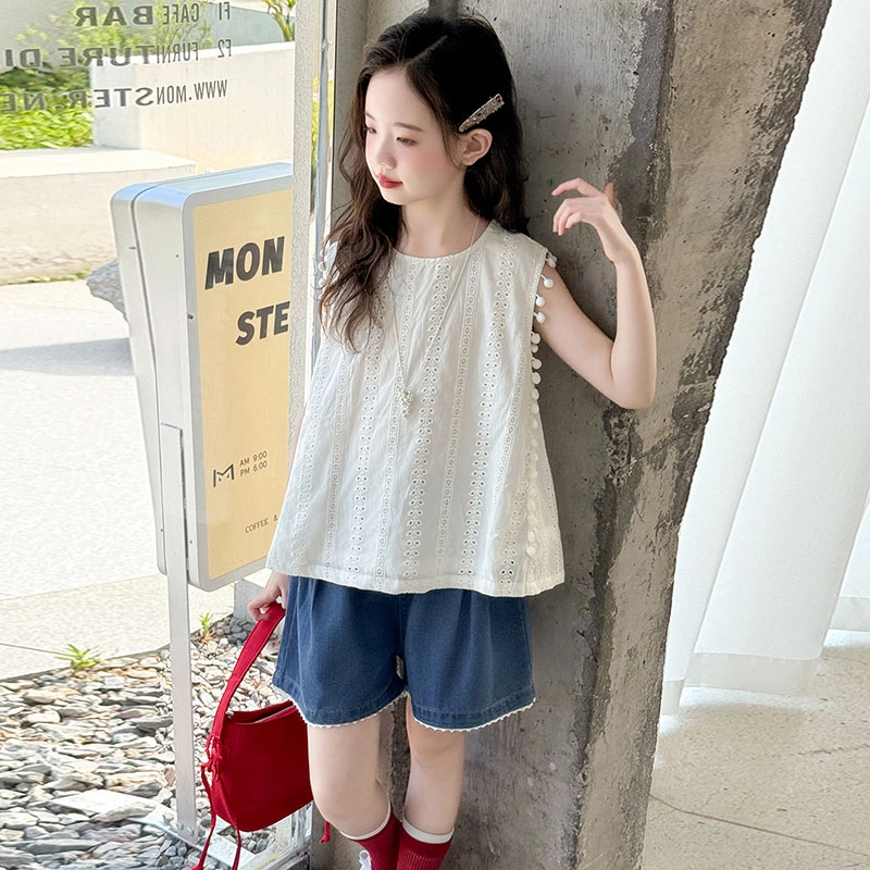 比比我休闲运动套装 女童夏季服装 大童潮牌 小孩衣服 小女孩无袖镂空牛仔短裤