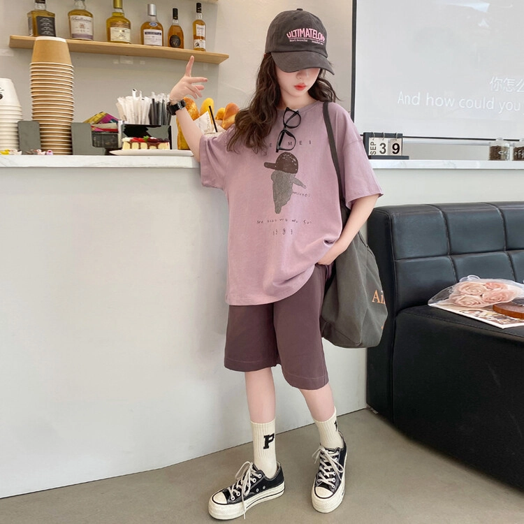比比我休闲运动套装 女童夏季服装 大童潮牌 小孩衣服 小女孩无袖卡通人短裤套