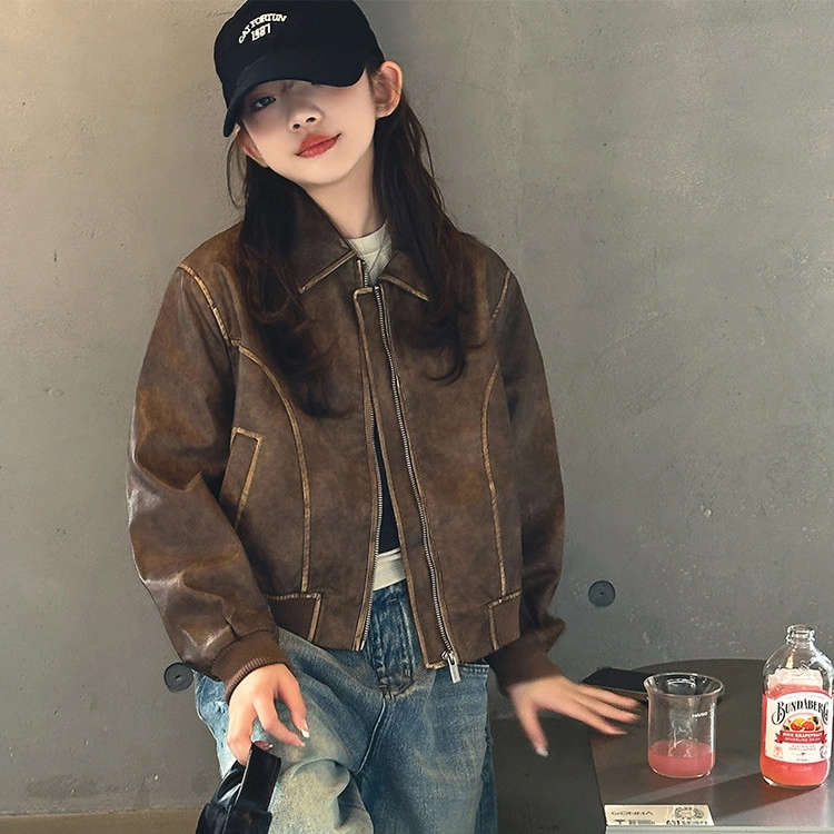 比比我休闲运动套装  女童春秋季皮衣夹克牛仔裤大童潮牌小孩衣服 小女孩长袖洋气时髦 舒适帅气轻便