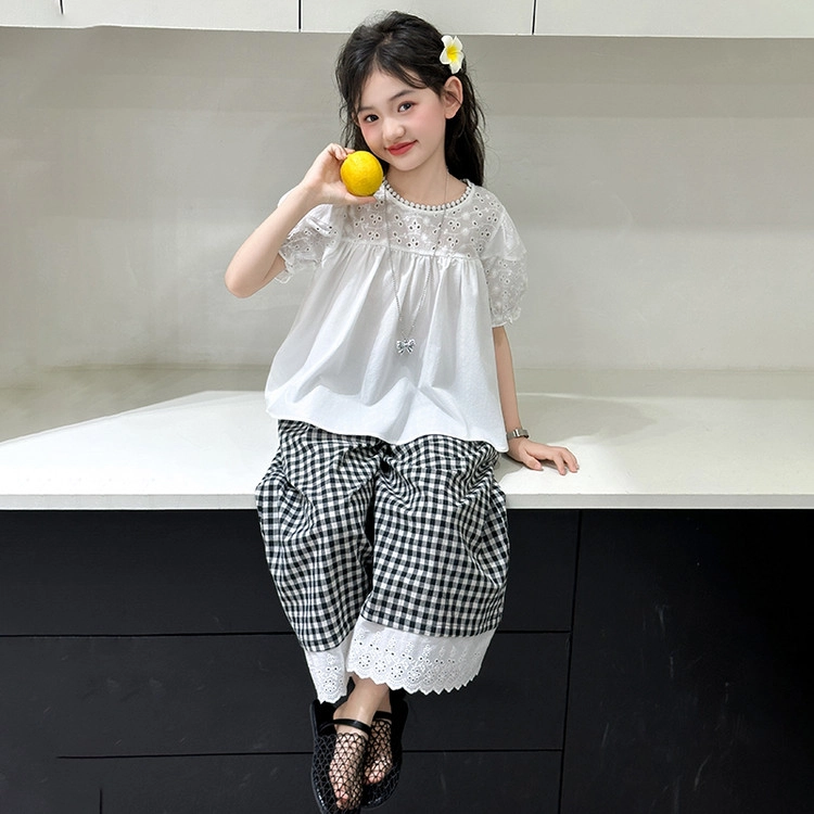 比比我儿童休闲运动套装 女童夏季服装  小孩衣服 小女孩短袖格子裤   大童潮牌