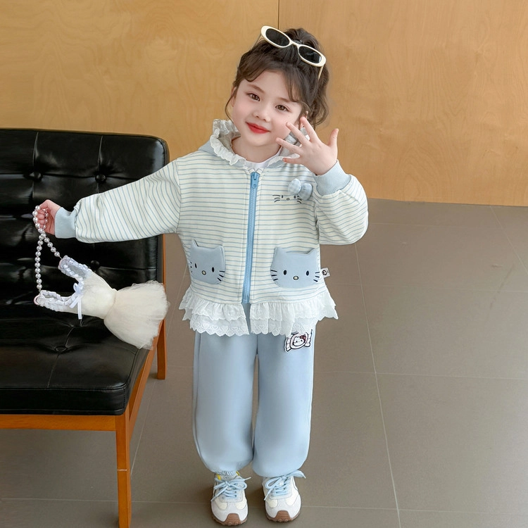 比比我休闲运动套装  女童春秋季大童潮牌猫咪花边小孩衣服 小女孩长袖洋气时髦 舒适帅气轻便