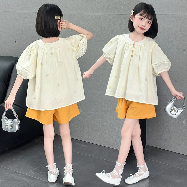 比比我儿童休闲运动套装 女童夏季 小孩衣服 小女孩泡泡袖绣花上衣 短裤套 大童潮牌