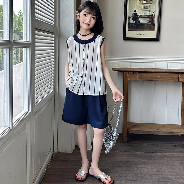 比比我休闲运动套装 女童夏季服装 大童潮牌 小孩衣服 小女孩无袖清爽凉感短袖