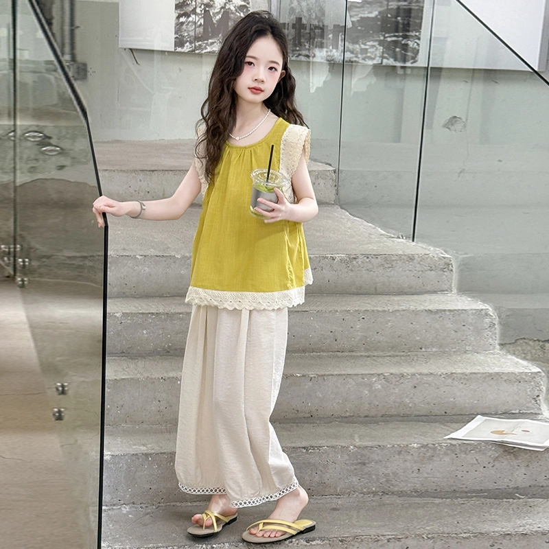 比比我裙装套装 女童夏季 小孩衣服 小女孩字花边上衣灯笼裤 大童潮牌运动