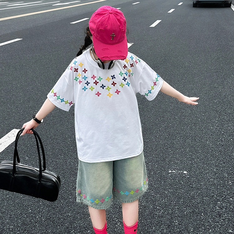 比比我休闲运动套装  女童春秋季四角星印花牛仔大童潮牌小孩衣服 小女孩长袖洋气时髦 舒适帅气轻便