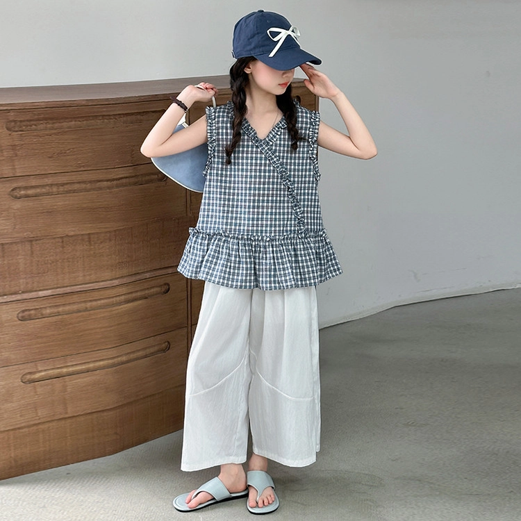 比比我休闲运动套装 女童夏季服装 大童潮牌 小孩衣服 女孩格子花边娃娃衫 时尚潮流