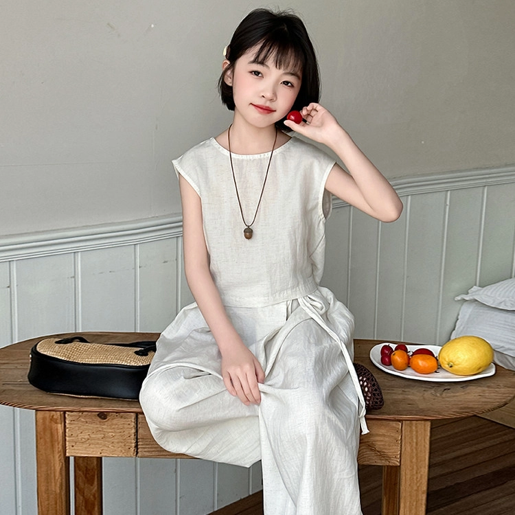 比比我儿童套装  休闲运动  女童夏季服装  小孩衣服 小女孩棉麻套  大童潮牌