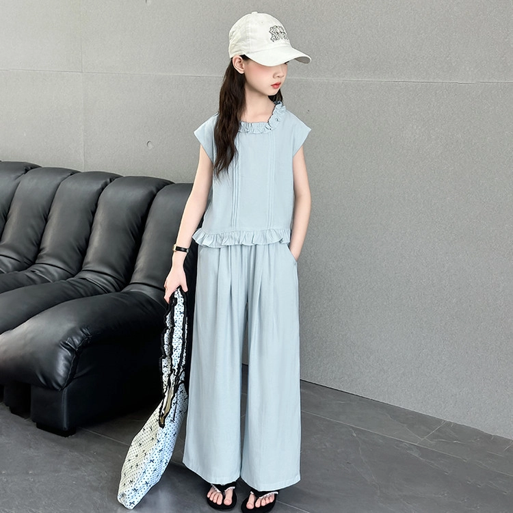比比我儿童休闲运动套装 女童夏季 小孩衣服 小女孩纯色花边   大童潮牌 无袖长裤套