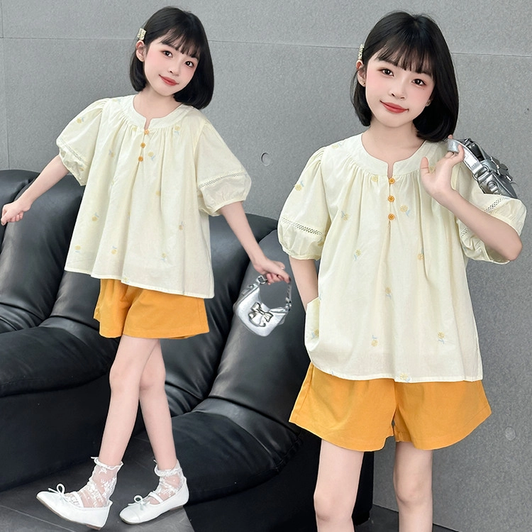 比比我儿童休闲运动套装 女童夏季 小孩衣服 小女孩泡泡袖绣花上衣 短裤套 大童潮牌