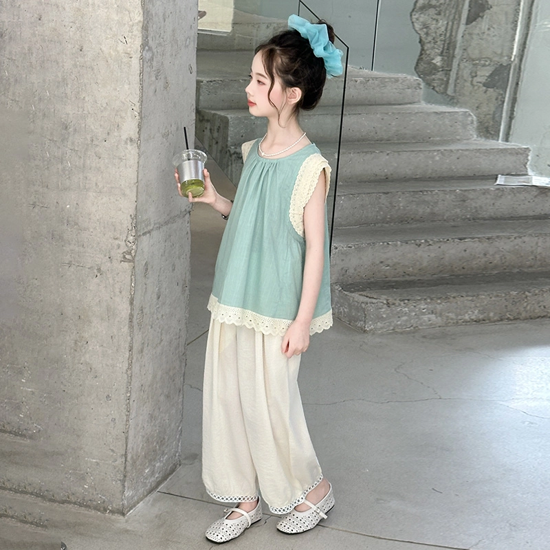 比比我裙装套装 女童夏季 小孩衣服 小女孩字花边上衣灯笼裤 大童潮牌运动