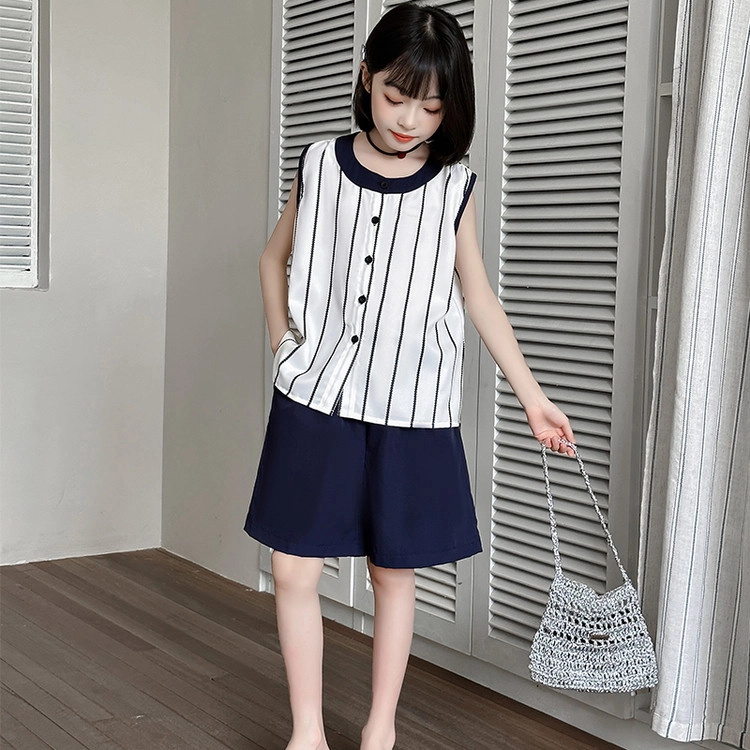 比比我休闲运动套装 女童夏季服装 大童潮牌 小孩衣服 小女孩无袖清爽凉感短袖