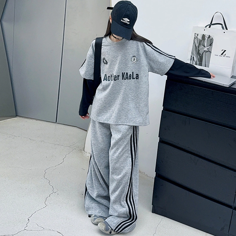 比比我休闲运动套装  女童春秋季假两件拉条大童潮牌小孩衣服 小女孩长袖洋气时髦 舒适帅气轻便