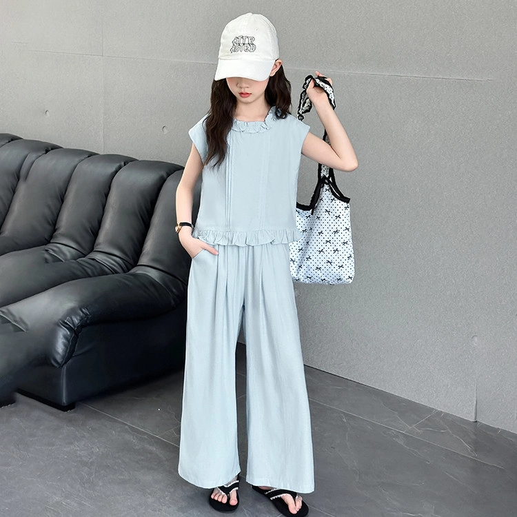 比比我儿童休闲运动套装 女童夏季 小孩衣服 小女孩纯色花边   大童潮牌 无袖长裤套