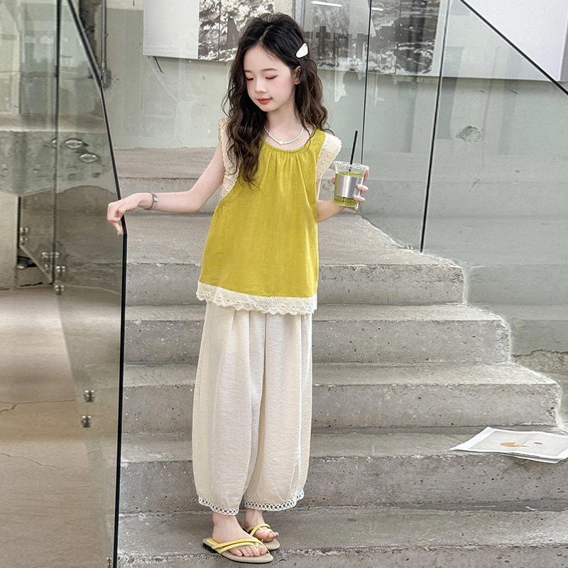 比比我裙装套装 女童夏季 小孩衣服 小女孩字花边上衣灯笼裤 大童潮牌运动