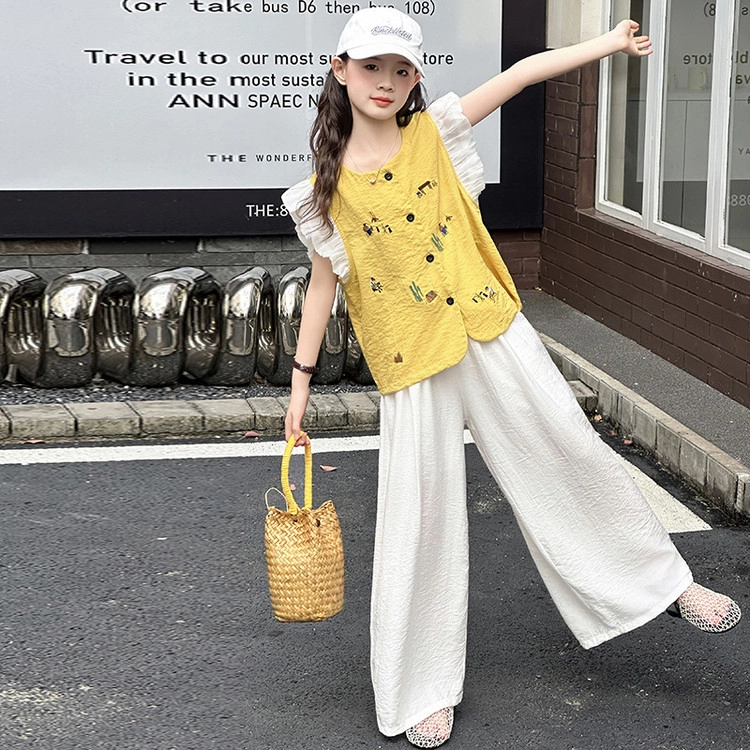 比比我休闲运动套装 女童夏季衣服 小女孩飞袖 洋气时髦 大童潮牌 学生短袖