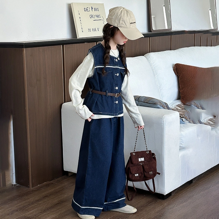 比比我休闲运动套装  女童春秋季牛仔马甲大童潮牌小孩衣服 小女孩短袖洋气时髦 舒适帅气轻便