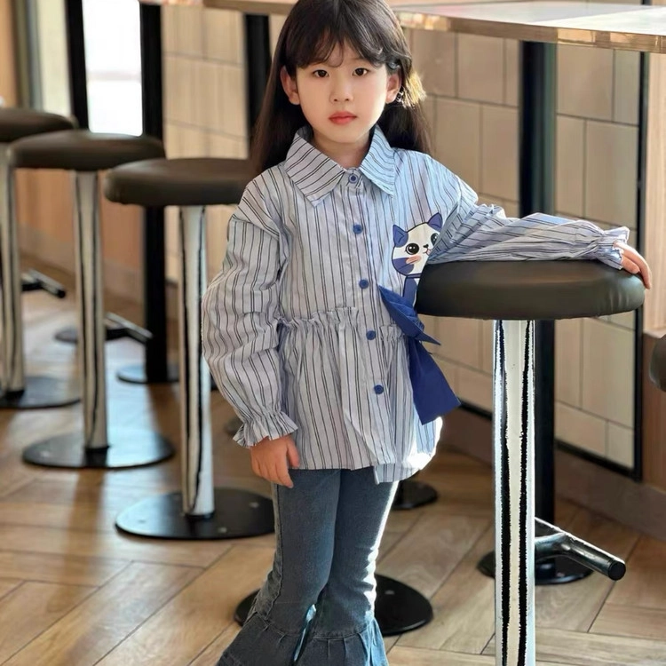 比比我休闲运动套装  女童春秋季猫咪衬衫牛仔裤大童潮牌小孩衣服 小女孩短袖洋气时髦 舒适帅气轻便