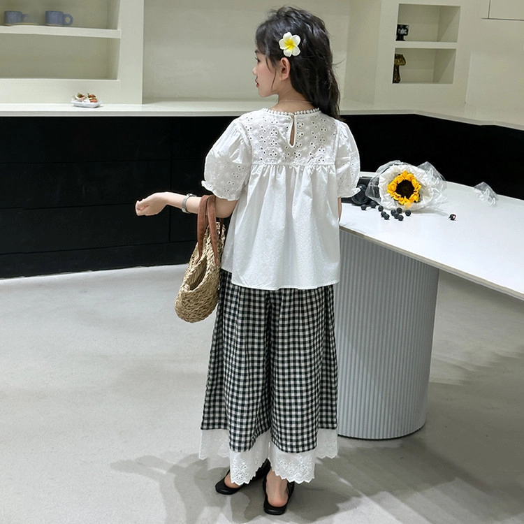比比我儿童休闲运动套装 女童夏季服装  小孩衣服 小女孩短袖格子裤   大童潮牌