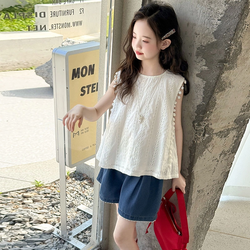 比比我休闲运动套装 女童夏季服装 大童潮牌 小孩衣服 小女孩无袖镂空牛仔短裤