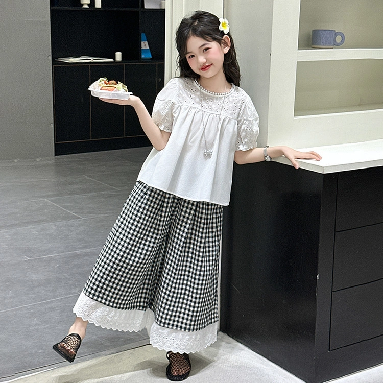 比比我儿童休闲运动套装 女童夏季服装  小孩衣服 小女孩短袖格子裤   大童潮牌