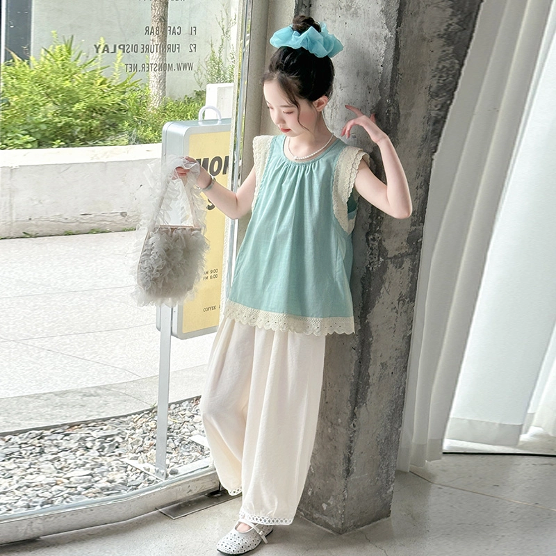 比比我裙装套装 女童夏季 小孩衣服 小女孩字花边上衣灯笼裤 大童潮牌运动