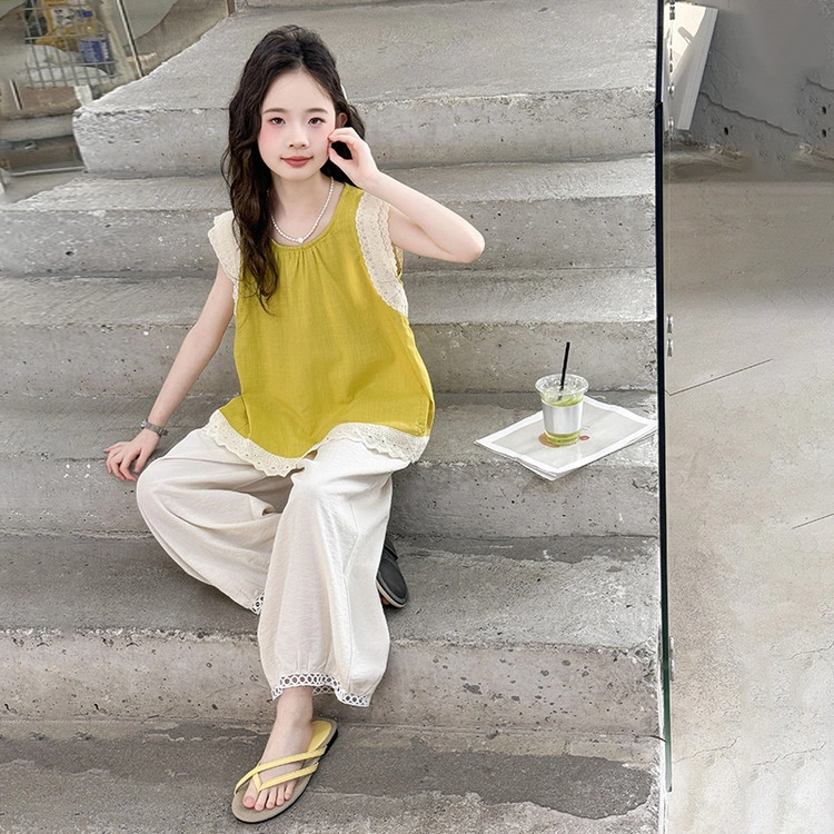 比比我裙装套装 女童夏季 小孩衣服 小女孩字花边上衣灯笼裤 大童潮牌运动