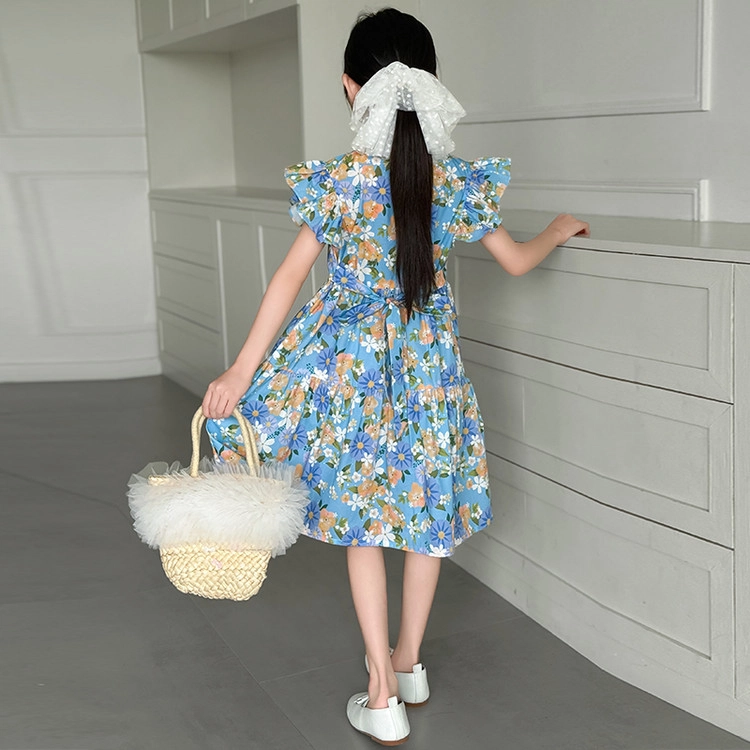比比我女童夏季裙子 小女孩衣服 碎花连衣裙 清新公主裙 大童潮牌  百搭休闲