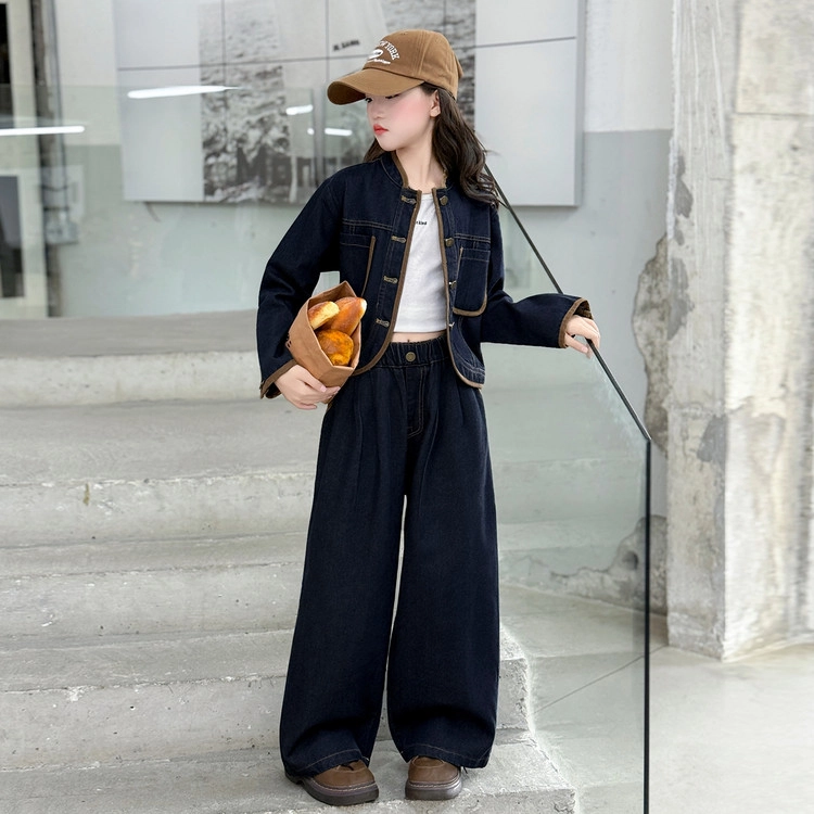 比比我休闲运动套装  女童春秋季撞色牛仔大童潮牌小孩衣服 小女孩长袖洋气时髦 舒适帅气轻便