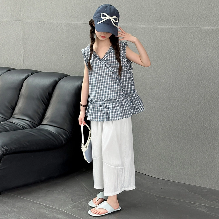 比比我休闲运动套装 女童夏季服装 大童潮牌 小孩衣服 女孩格子花边娃娃衫 时尚潮流