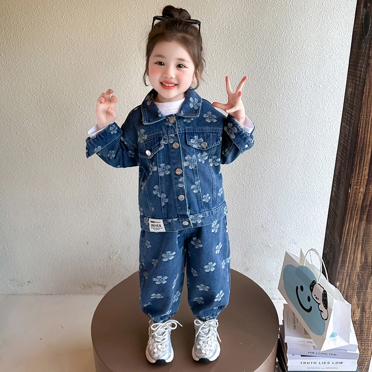 比比我休闲运动套装  女童春秋季贴标花朵牛仔大童潮牌小孩衣服 小女孩长袖洋气时髦 舒适帅气轻便