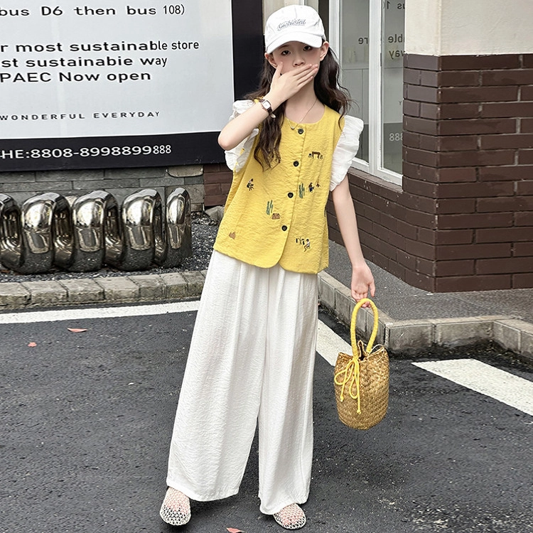 比比我休闲运动套装 女童夏季衣服 小女孩飞袖 洋气时髦 大童潮牌 学生短袖