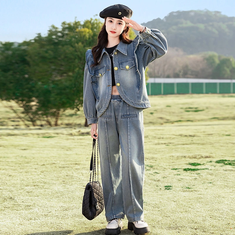 比比我休闲运动套装  女童春秋季牛仔大童潮牌小孩衣服 小女孩短袖洋气时髦 舒适帅气轻便