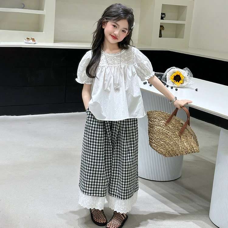 比比我儿童休闲运动套装 女童夏季服装  小孩衣服 小女孩短袖格子裤   大童潮牌