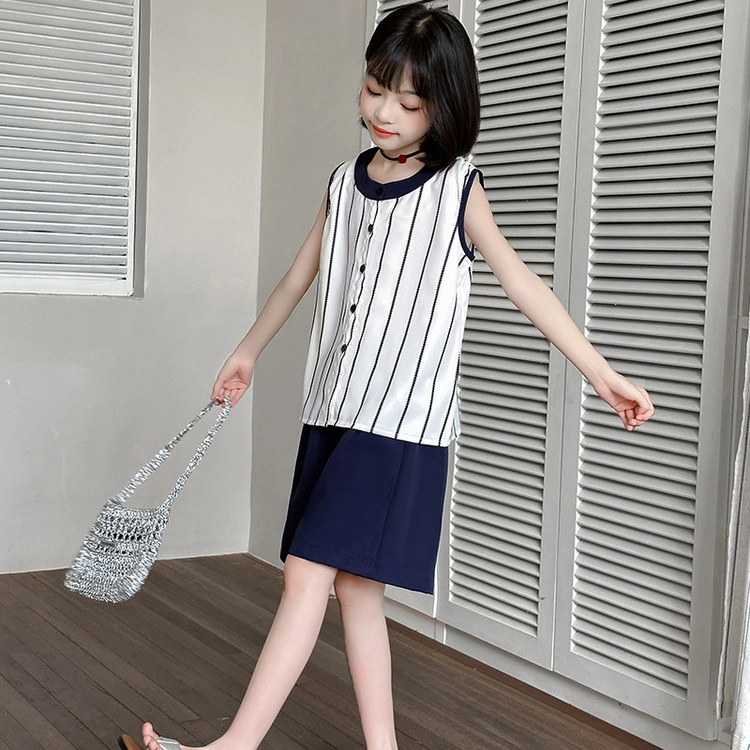 比比我休闲运动套装 女童夏季服装 大童潮牌 小孩衣服 小女孩无袖清爽凉感短袖