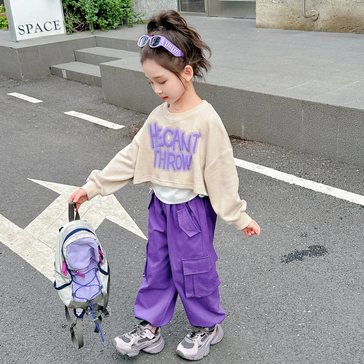 比比我休闲运动套装  女童春秋季字母工装裤大童潮牌小孩衣服 小女孩短袖洋气时髦 舒适帅气轻便