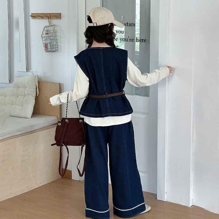 比比我休闲运动套装  女童春秋季牛仔马甲大童潮牌小孩衣服 小女孩短袖洋气时髦 舒适帅气轻便