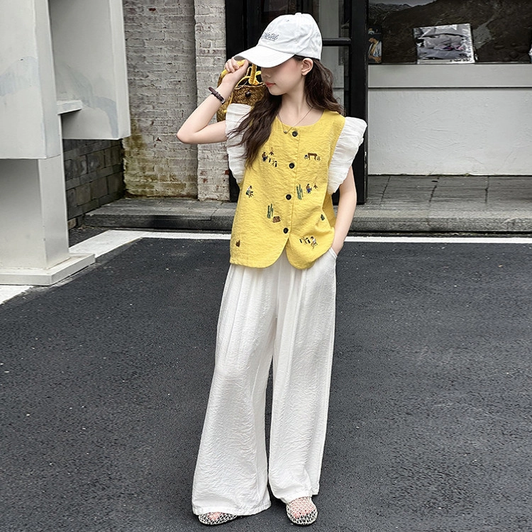 比比我休闲运动套装 女童夏季衣服 小女孩飞袖 洋气时髦 大童潮牌 学生短袖