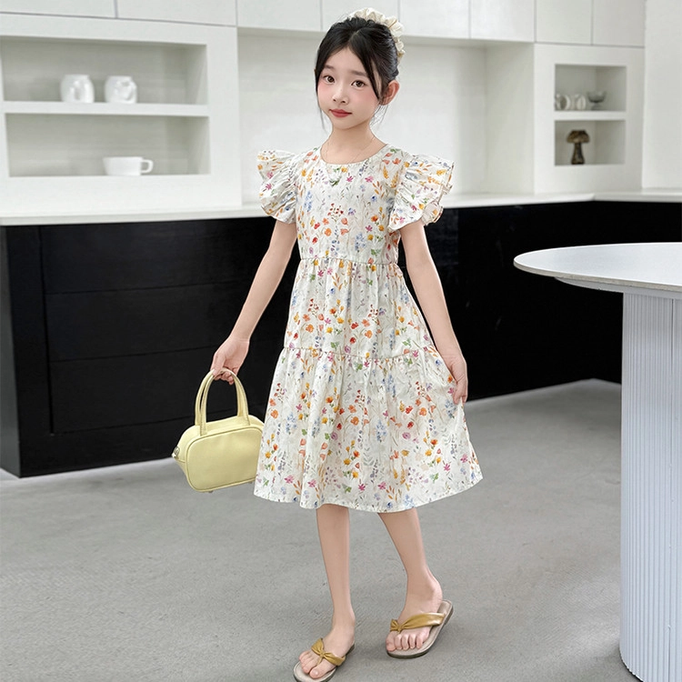比比我女童夏季裙子 小女孩衣服 碎花连衣裙 清新公主裙 大童潮牌  百搭休闲