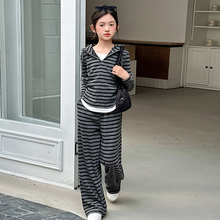 比比我休闲运动套装  女童春秋季时尚条纹大童潮牌小孩衣服 小女孩短袖洋气时髦 舒适帅气轻便