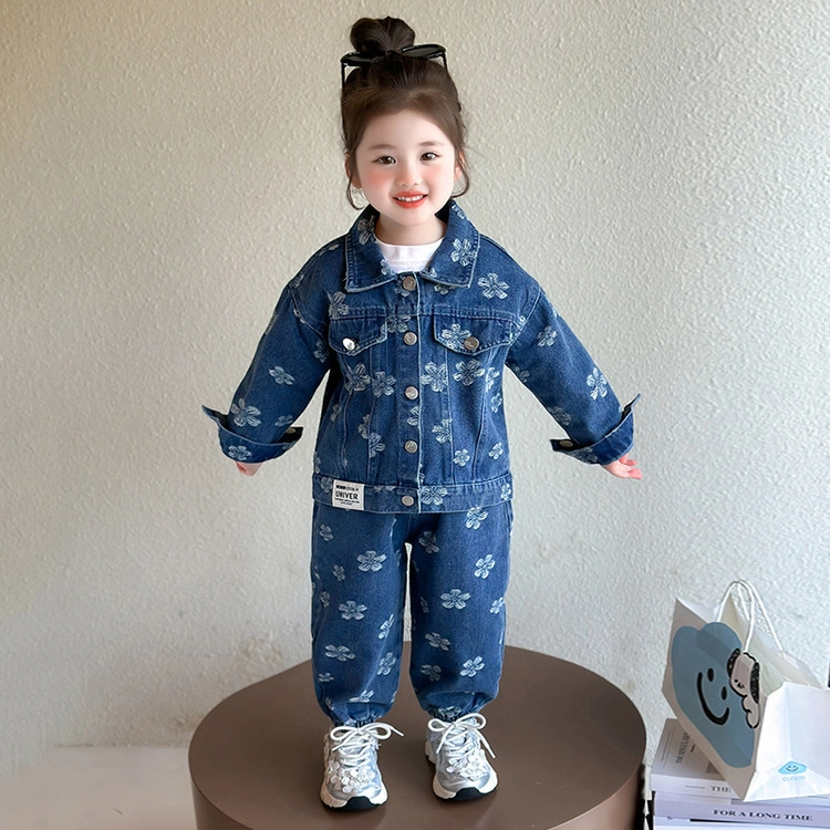 比比我休闲运动套装  女童春秋季贴标花朵牛仔大童潮牌小孩衣服 小女孩长袖洋气时髦 舒适帅气轻便