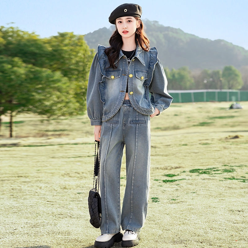 比比我休闲运动套装  女童春秋季牛仔大童潮牌小孩衣服 小女孩短袖洋气时髦 舒适帅气轻便