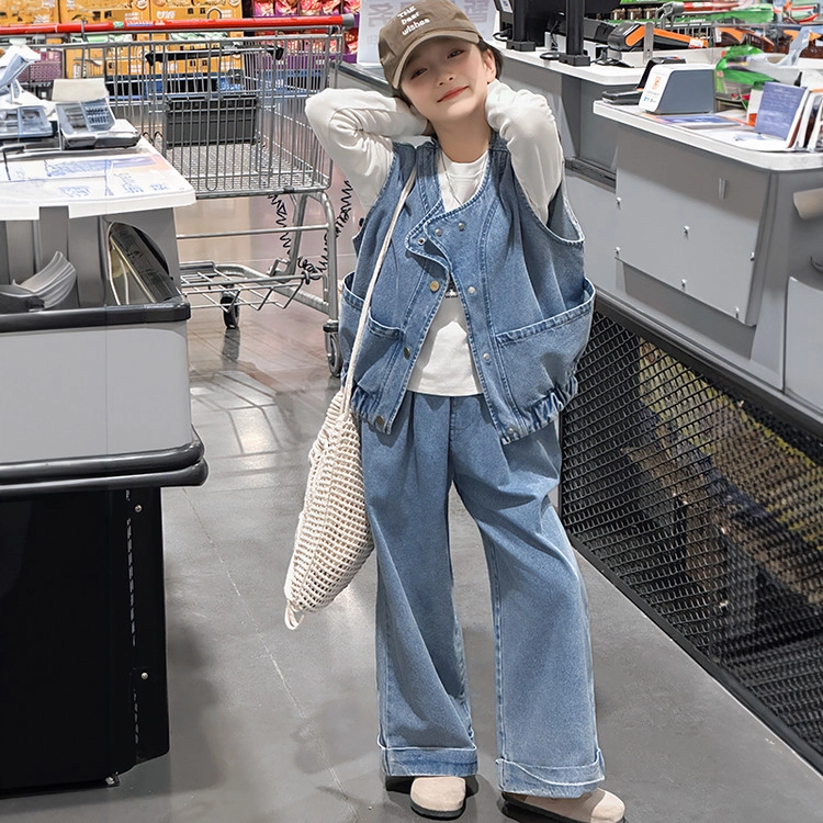 比比我休闲运动套装  女童春秋季牛仔马甲大童潮牌小孩衣服 小女孩长袖洋气时髦 舒适帅气轻便