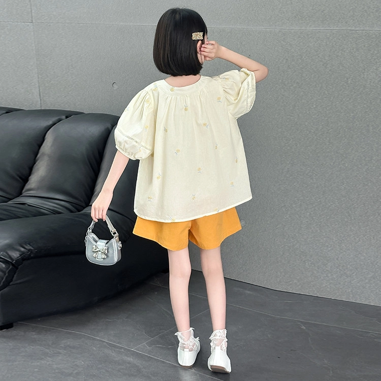 比比我儿童休闲运动套装 女童夏季 小孩衣服 小女孩泡泡袖绣花上衣 短裤套 大童潮牌
