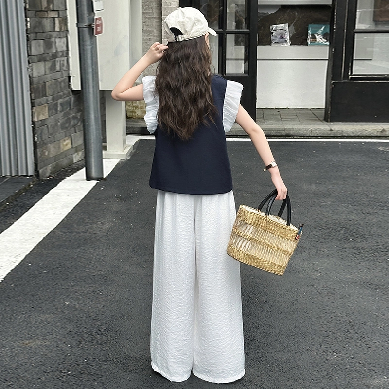 比比我休闲运动套装 女童夏季衣服 小女孩飞袖 洋气时髦 大童潮牌 学生短袖